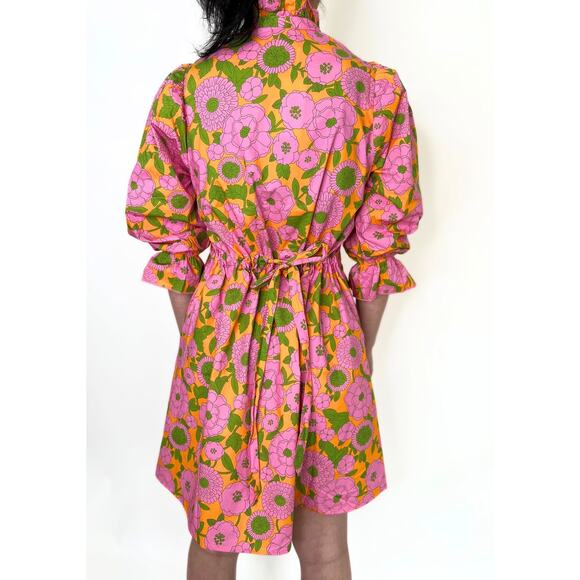 Flora Bea 100% Cotton Pink Orange Green Floral Ruffle Mini Dress Size Medium - Picture 2 of 7